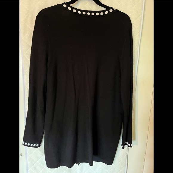 Black knit Cardigan Sweater trimmed in white. Size Large - Picture 2 of 3